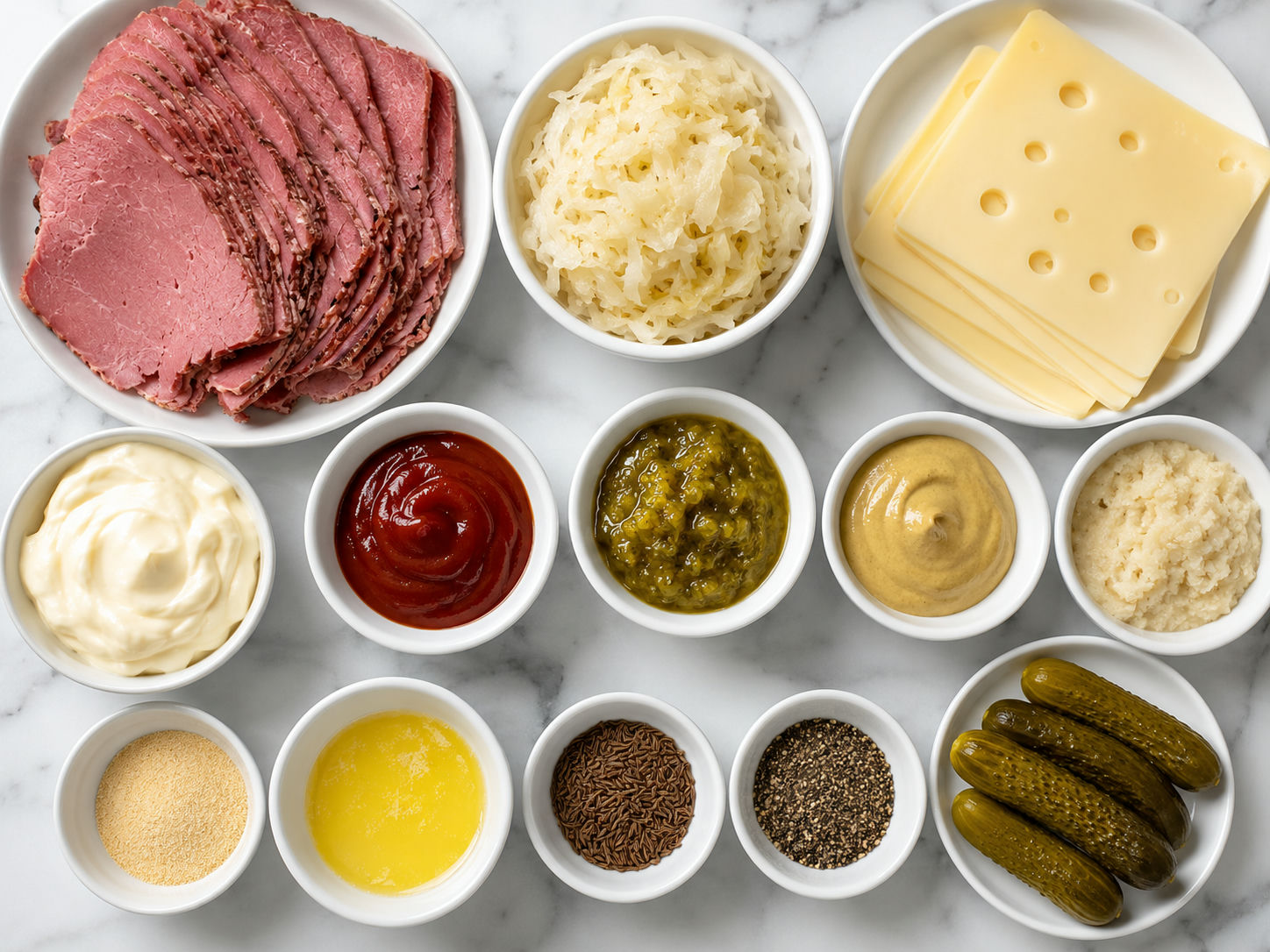 Ingredients for keto Reuben roll-ups with corned beef, Swiss, and sauerkraut