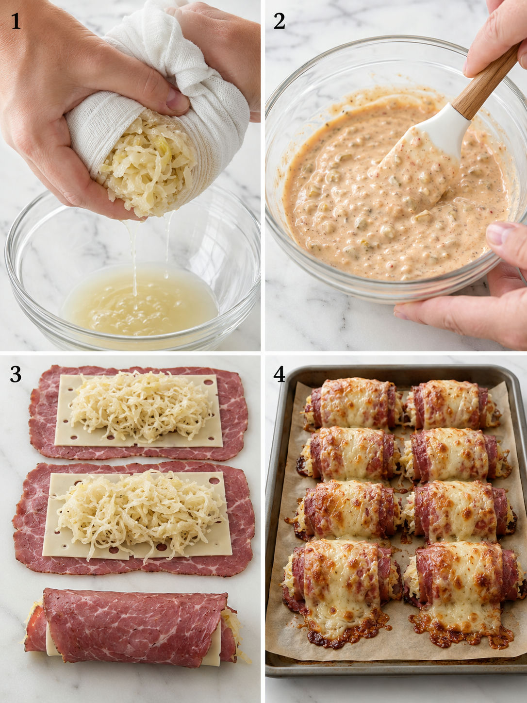 Four cooking steps for keto Reuben roll-ups from drying kraut to baking
