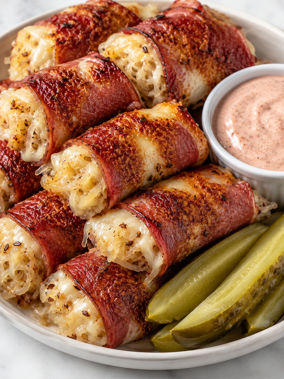 Crispy keto Reuben roll-ups stacked with dressing and pickles
