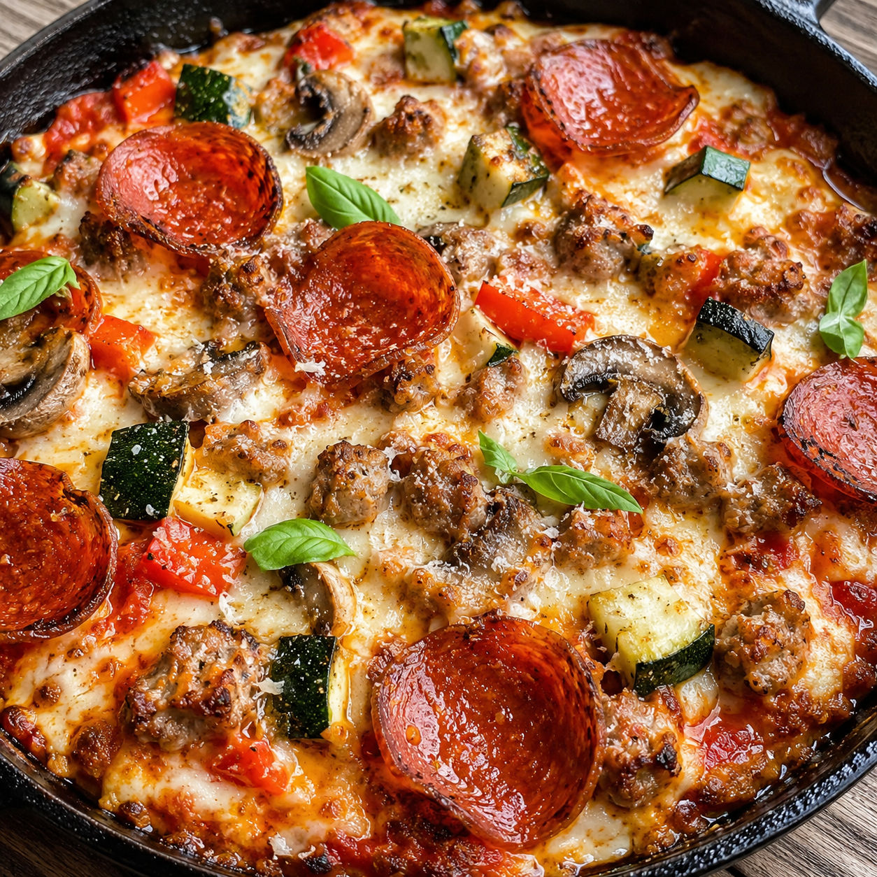 Keto pizza skillet with sausage, pepperoni, veggies, and melted mozzarella