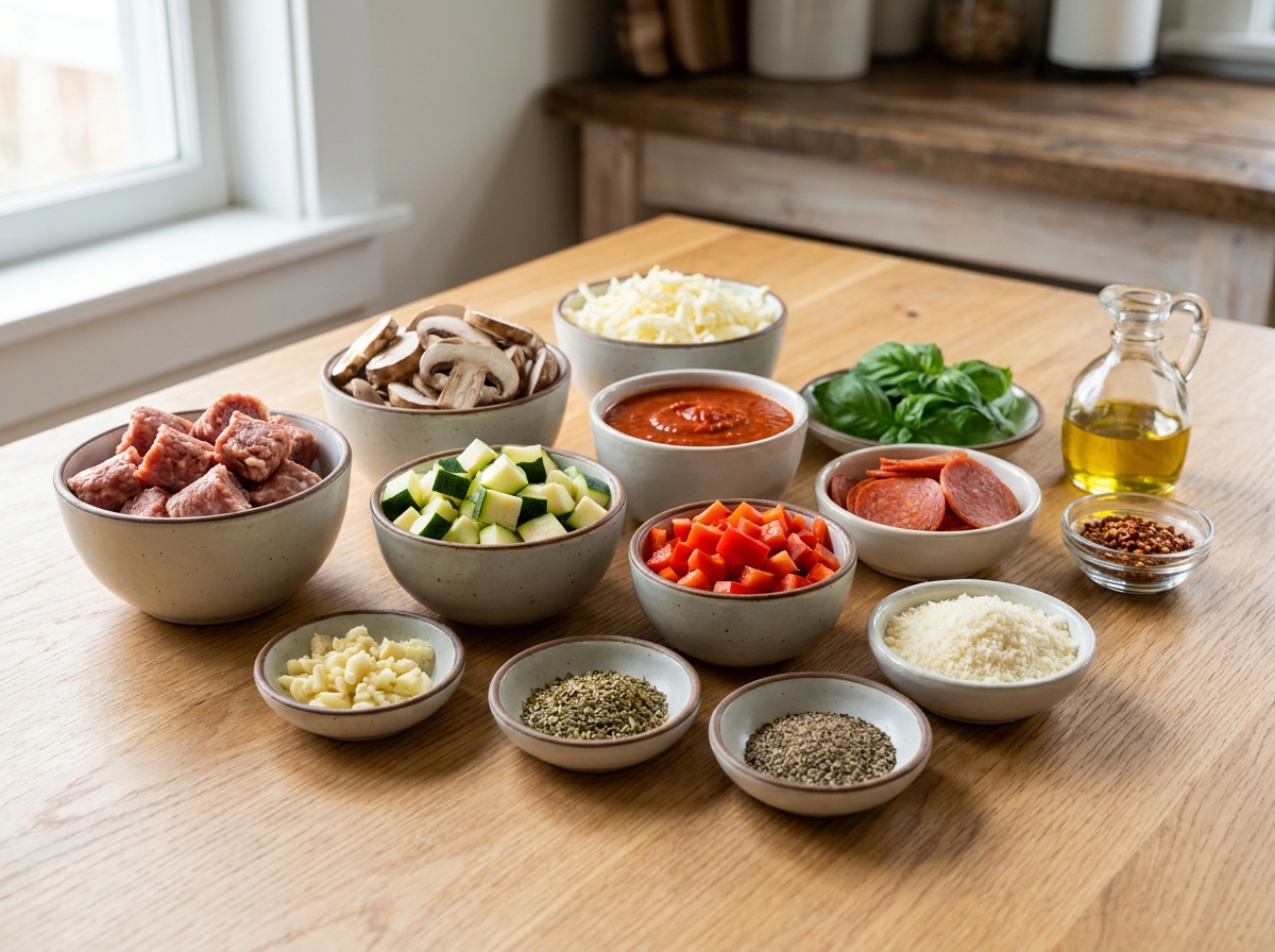 Ingredients for keto pizza skillet with sausage, vegetables, cheese, and pepperoni
