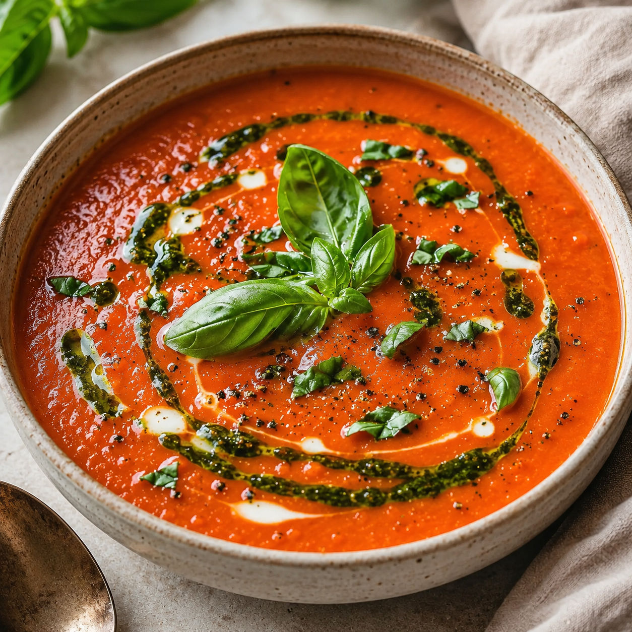 Keto tomato soup with basil oil swirl and fresh basil in a ceramic bowl