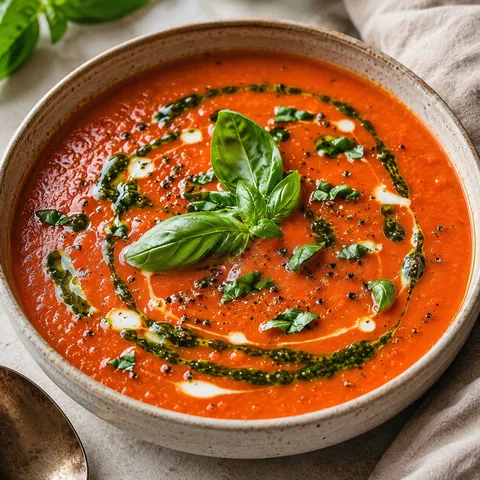 Keto tomato soup with basil oil swirl and fresh basil in a ceramic bowl