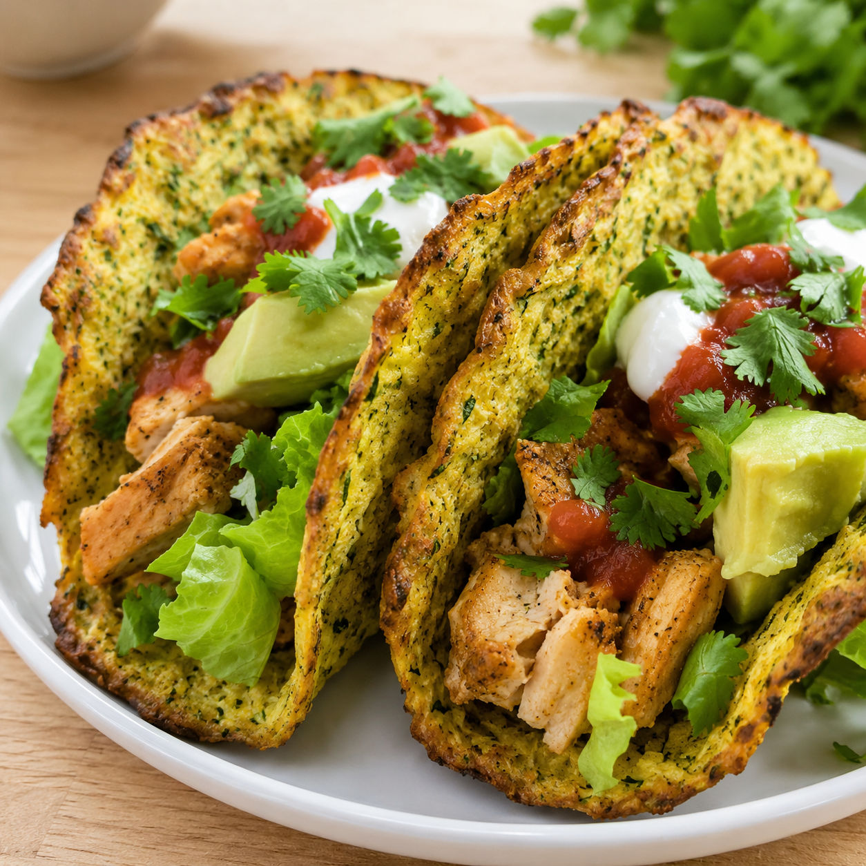 Keto zucchini tortillas folded with chicken, avocado, lettuce, and sour cream