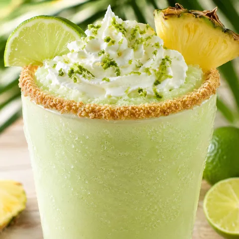 Key lime cheesecake colada with whipped cream, lime, and pineapple