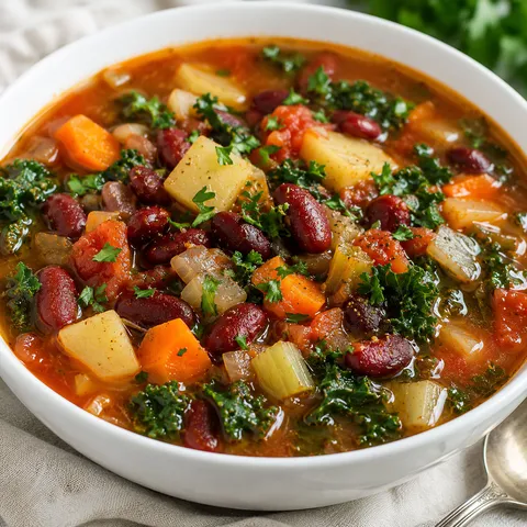 Kidney bean and vegetable soup with kale in a white bowl