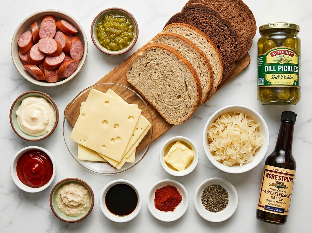 Ingredients for Kielbasa Reuben sandwiches with rye, sauerkraut, and Swiss