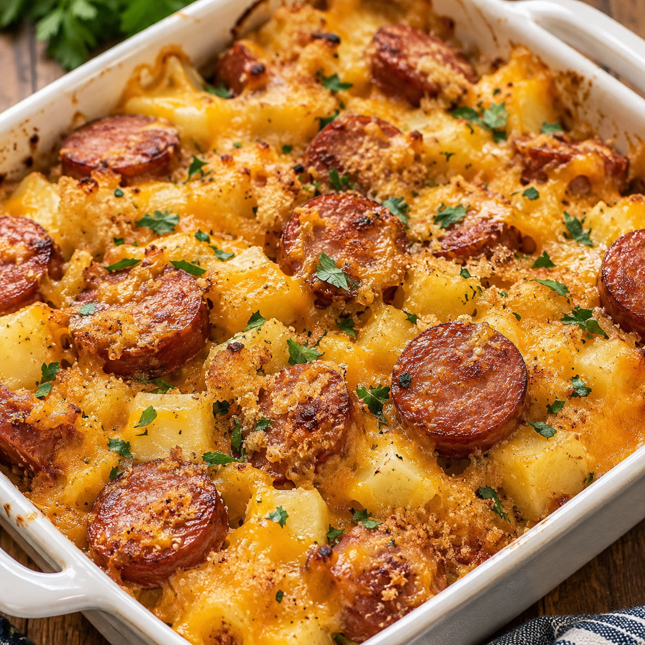 Cheesy kielbasa potato casserole with browned sausage and parsley