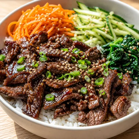 Korean BBQ beef bowl with jasmine rice, vegetables, and sesame seeds