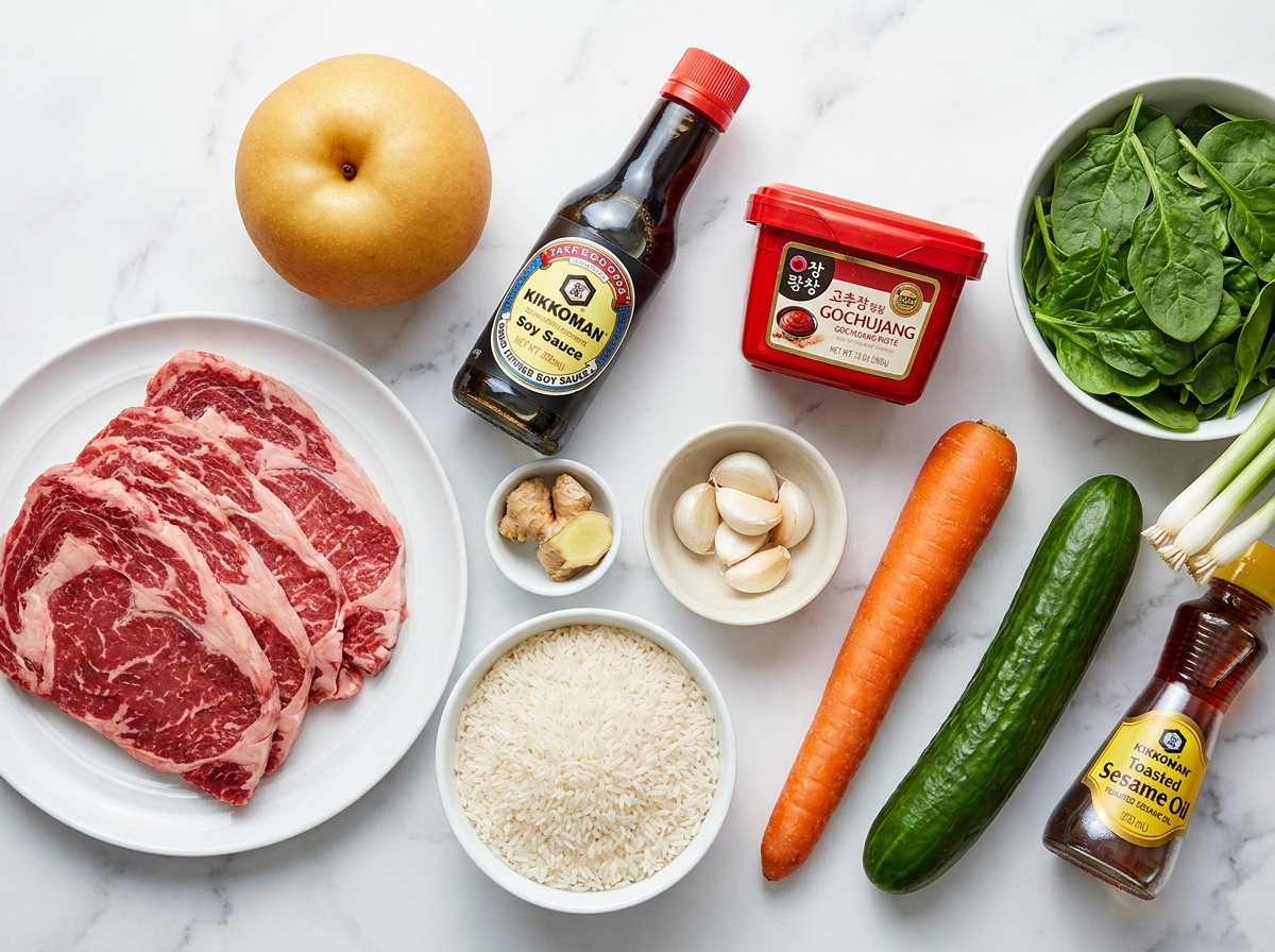 Raw ingredients for Korean BBQ beef with jasmine rice and vegetables