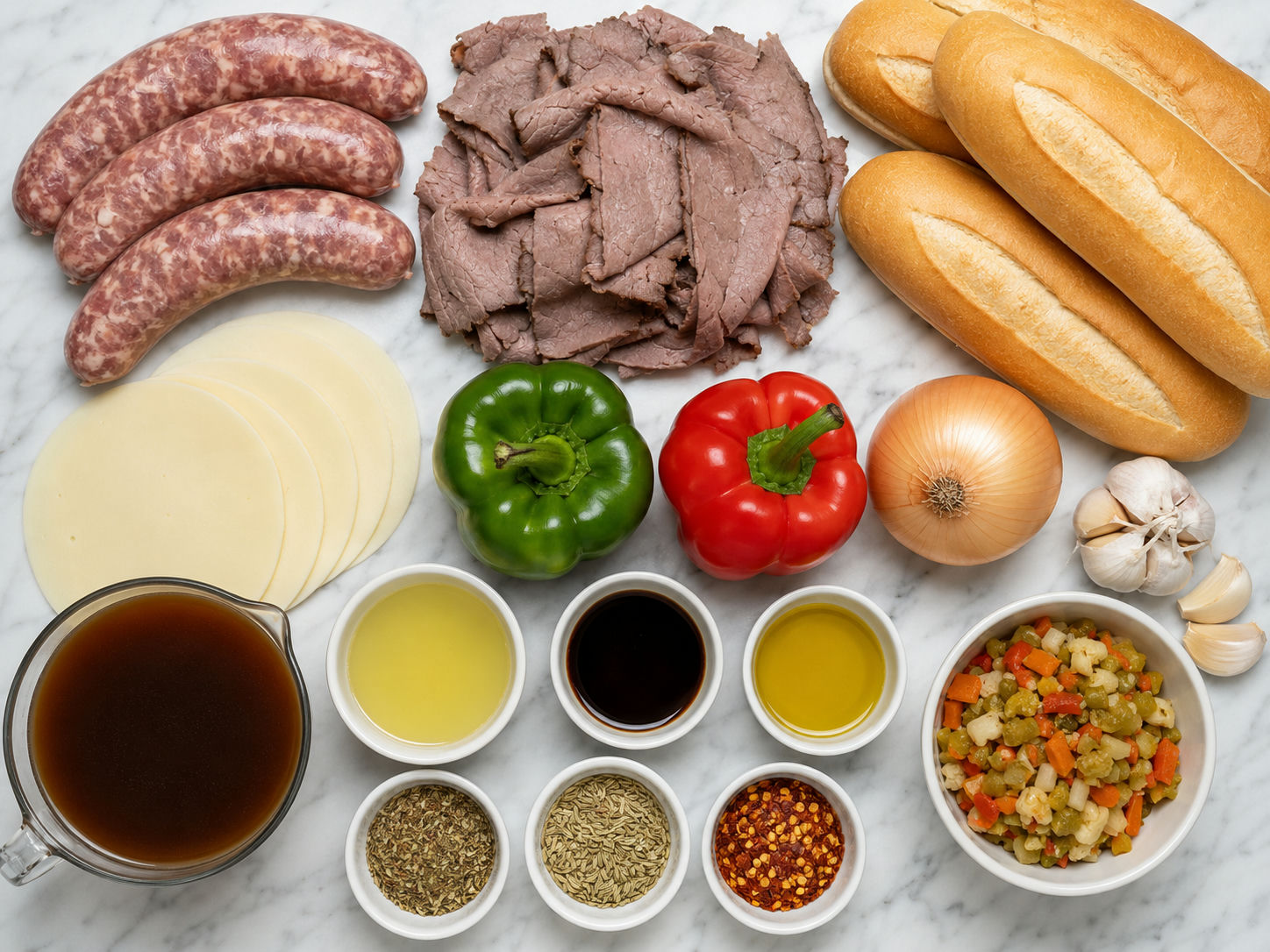 Ingredients for Italian beef and sausage subs with peppers and provolone