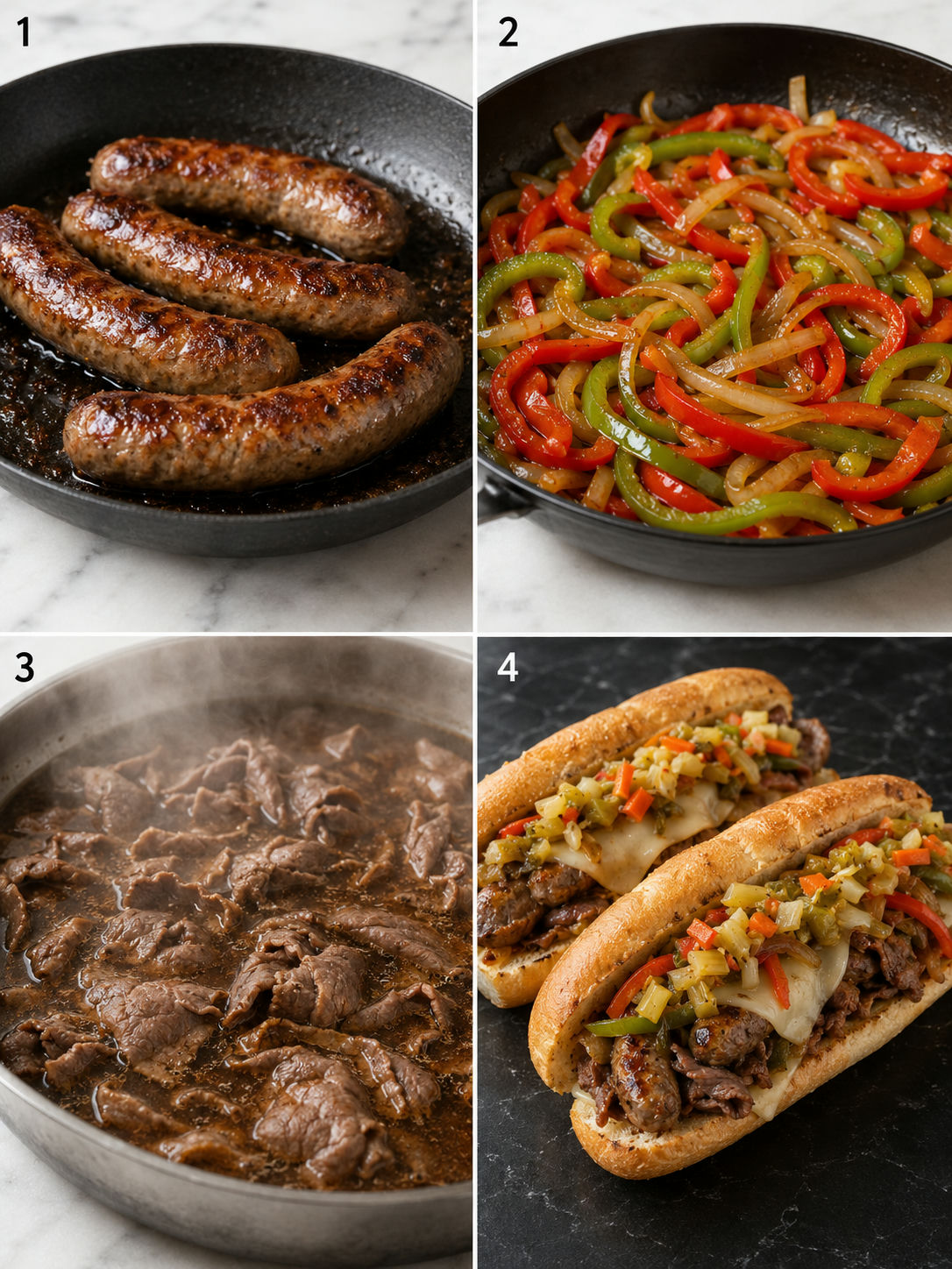 Four steps for making Italian beef and sausage combo subs