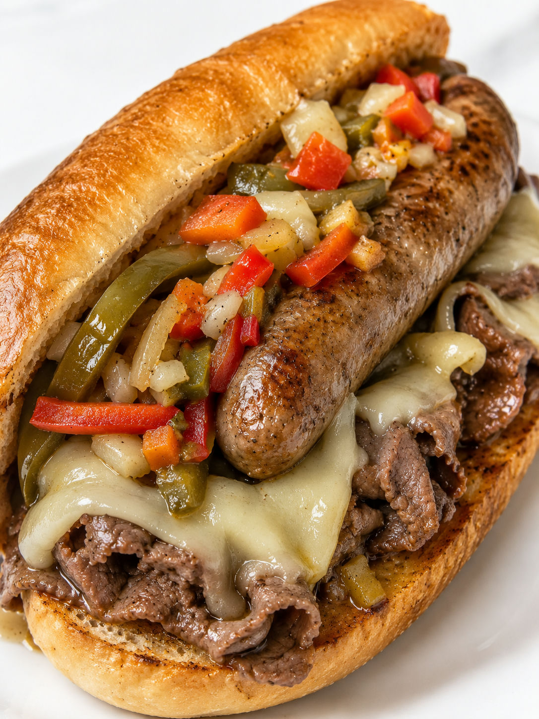 Loaded Italian beef and sausage combo sub with melted provolone and giardiniera