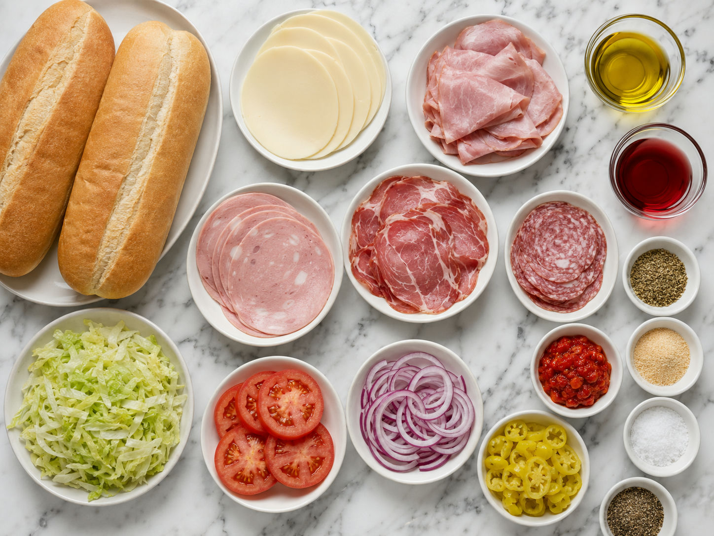 Ingredients for a loaded New York Italian hero on a wooden surface