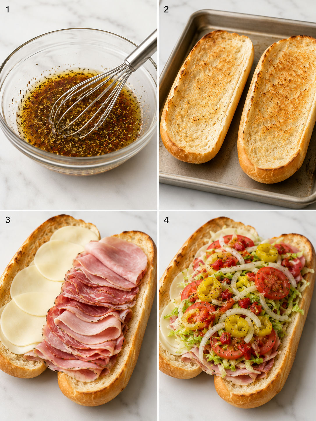 Four steps for making a loaded New York Italian hero sandwich