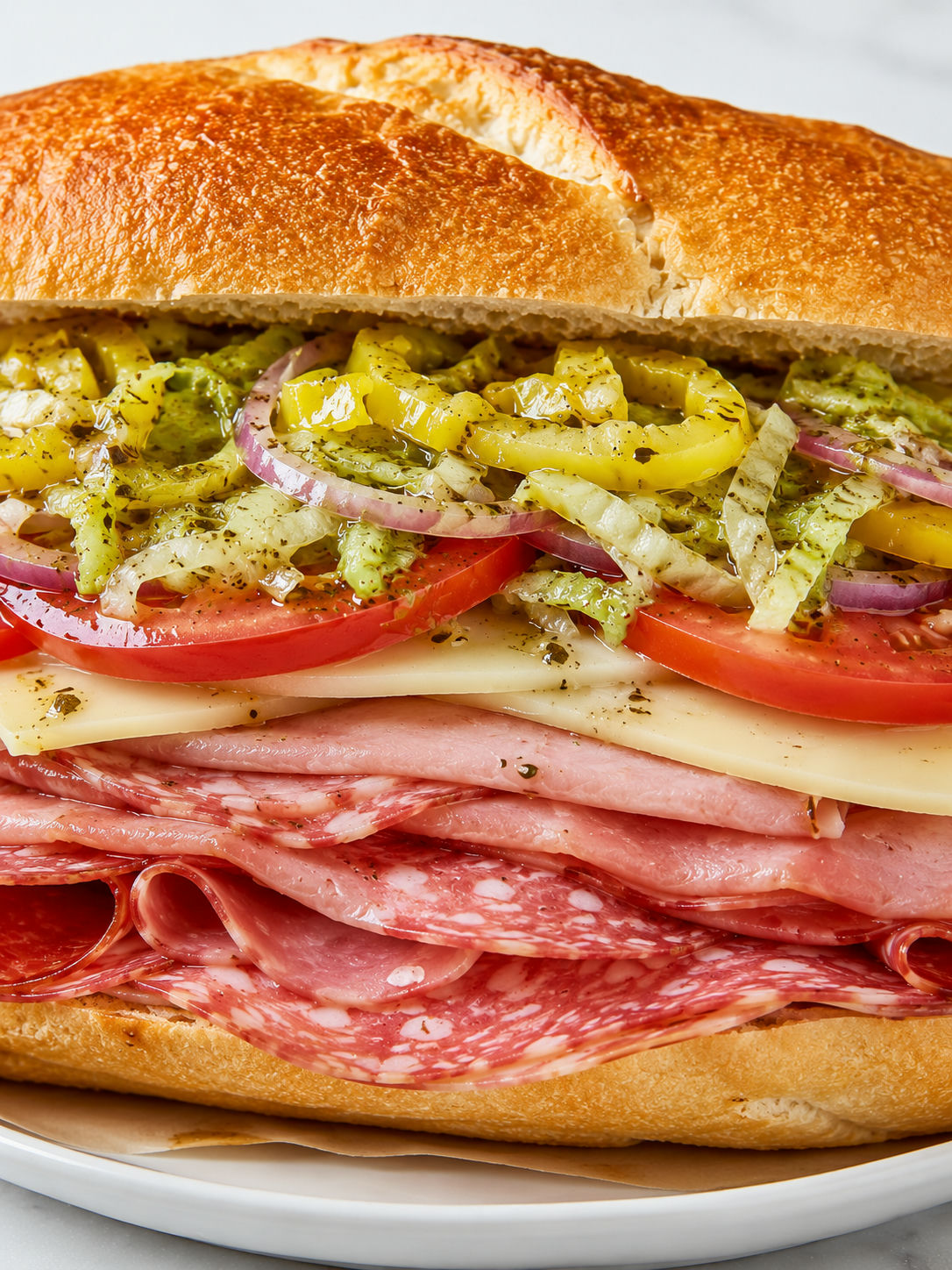 Loaded New York Italian hero packed with meats, cheese, lettuce, and peppers