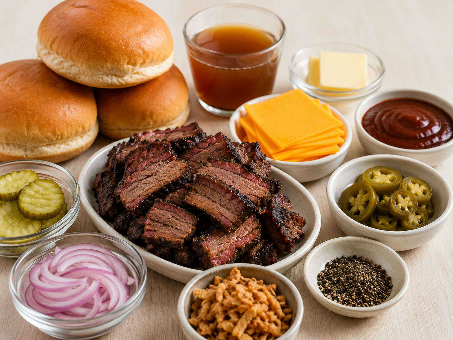 Ingredients for loaded Texas brisket sandwiches on a wooden surface