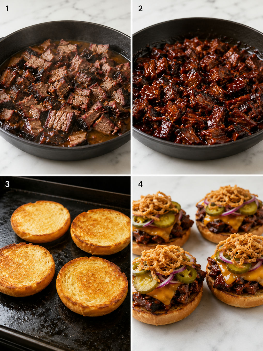Four steps for making loaded Texas brisket sandwiches