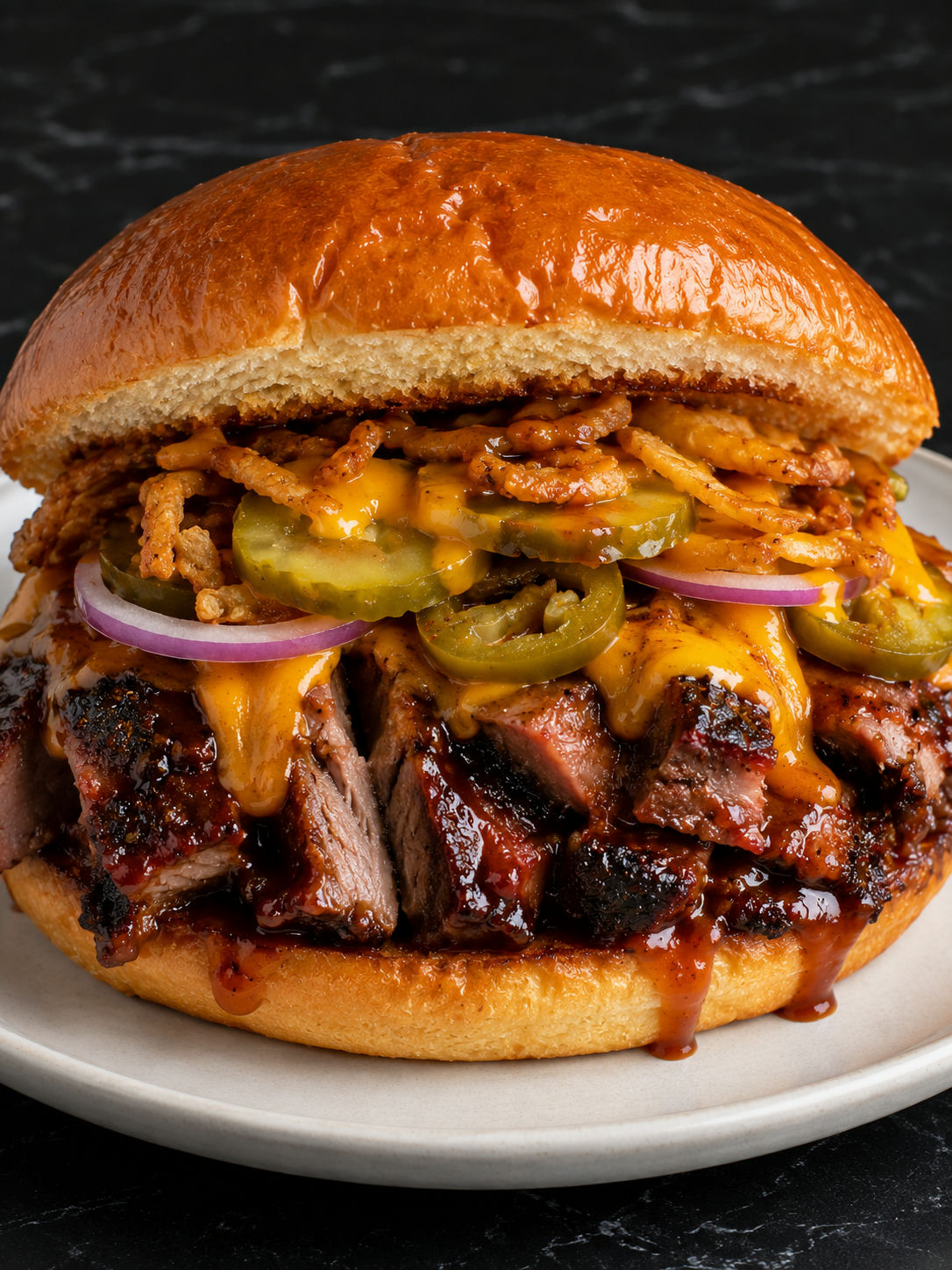 Loaded Texas brisket sandwich stacked with cheese, pickles, jalapenos, and crispy onions