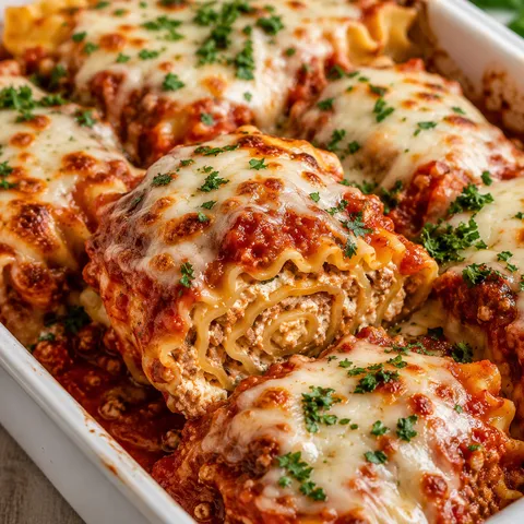 Lasagna roll ups with meat sauce, melted mozzarella, and parsley