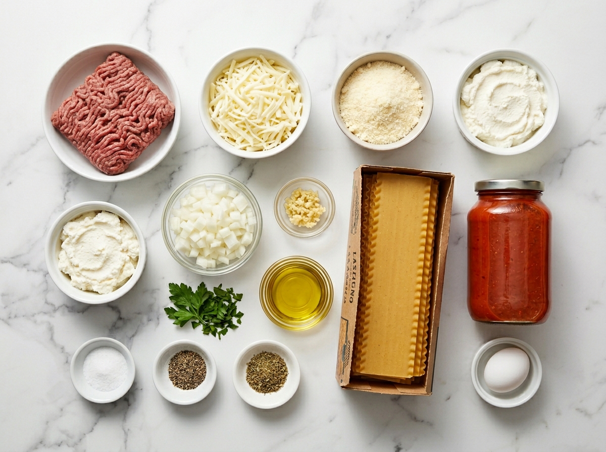 Ingredients for lasagna roll ups with noodles, beef, sauce, and cheeses