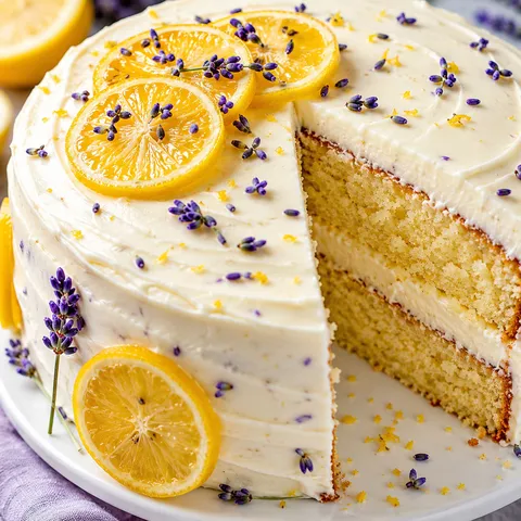 Lavender lemon layer cake with lemon slices and cream cheese frosting