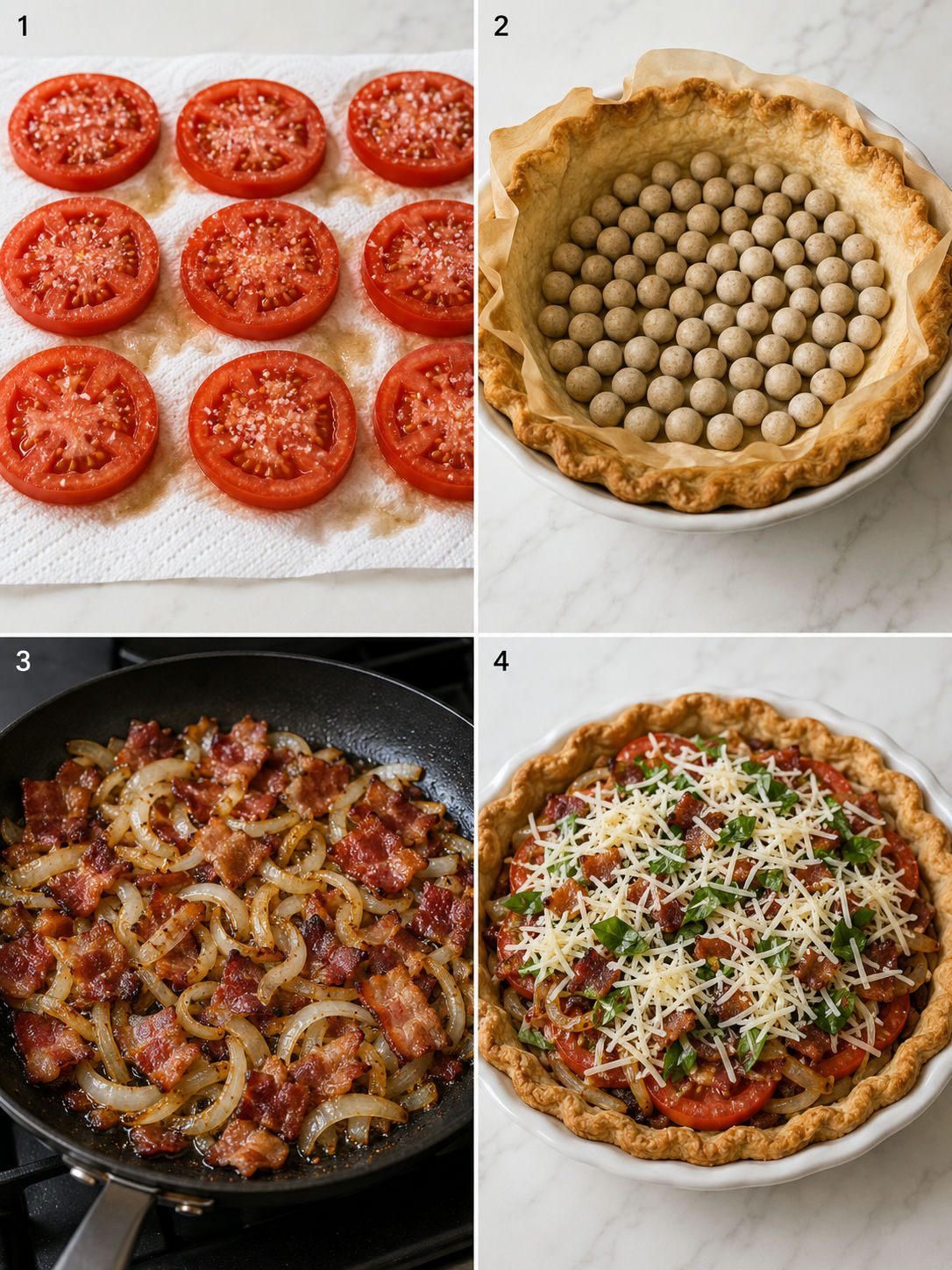 Four steps for making bacon tomato onion pie from draining to layering