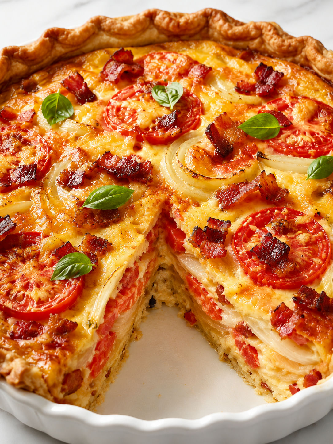 Slice of layered bacon tomato onion pie with melted cheese and basil