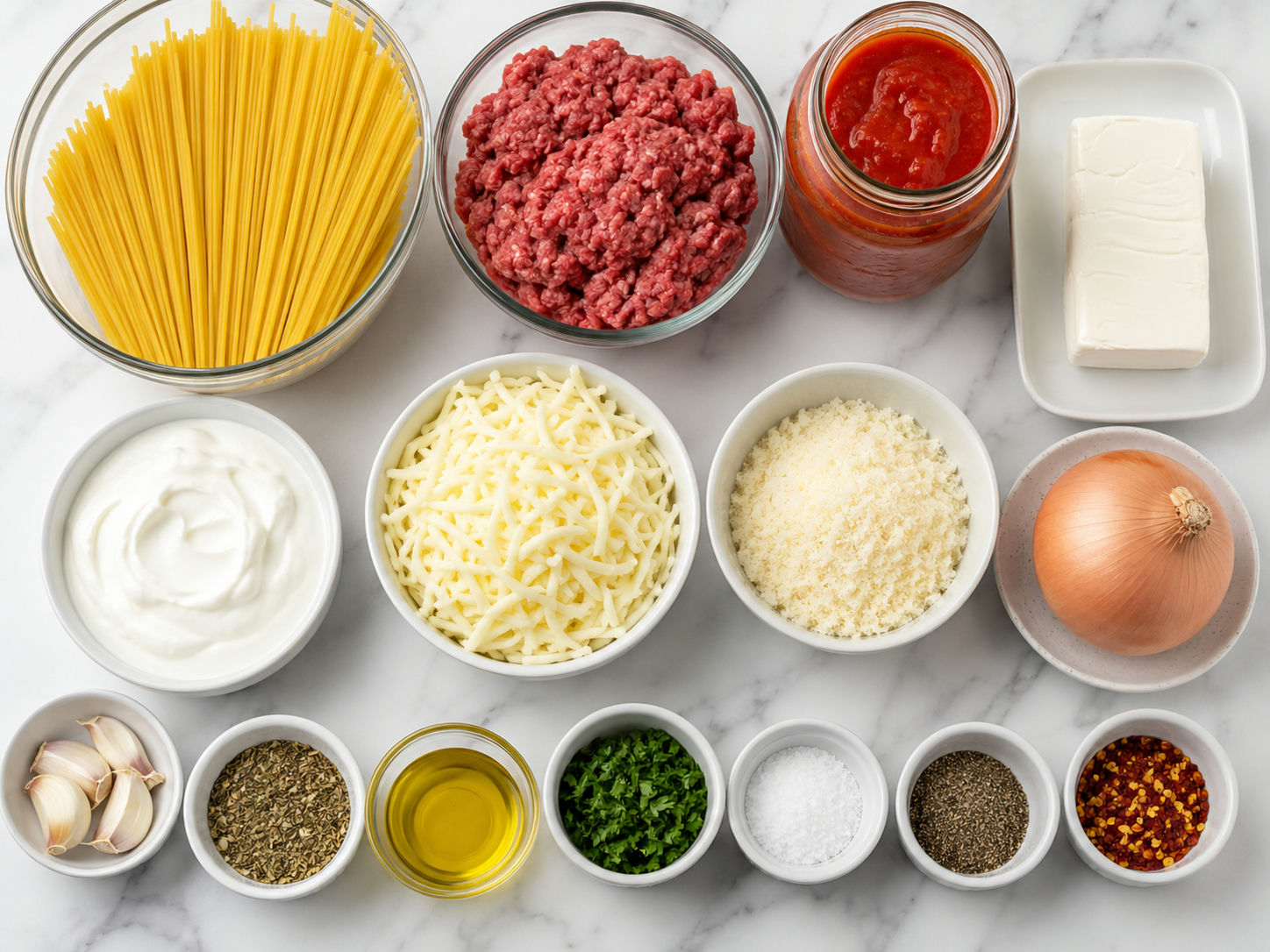 Ingredients for cream cheese baked spaghetti with beef, sauce, and cheeses