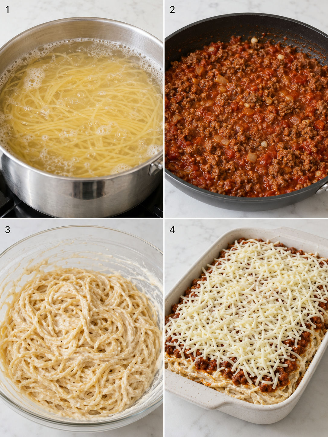 Four steps for making layered cream cheese baked spaghetti