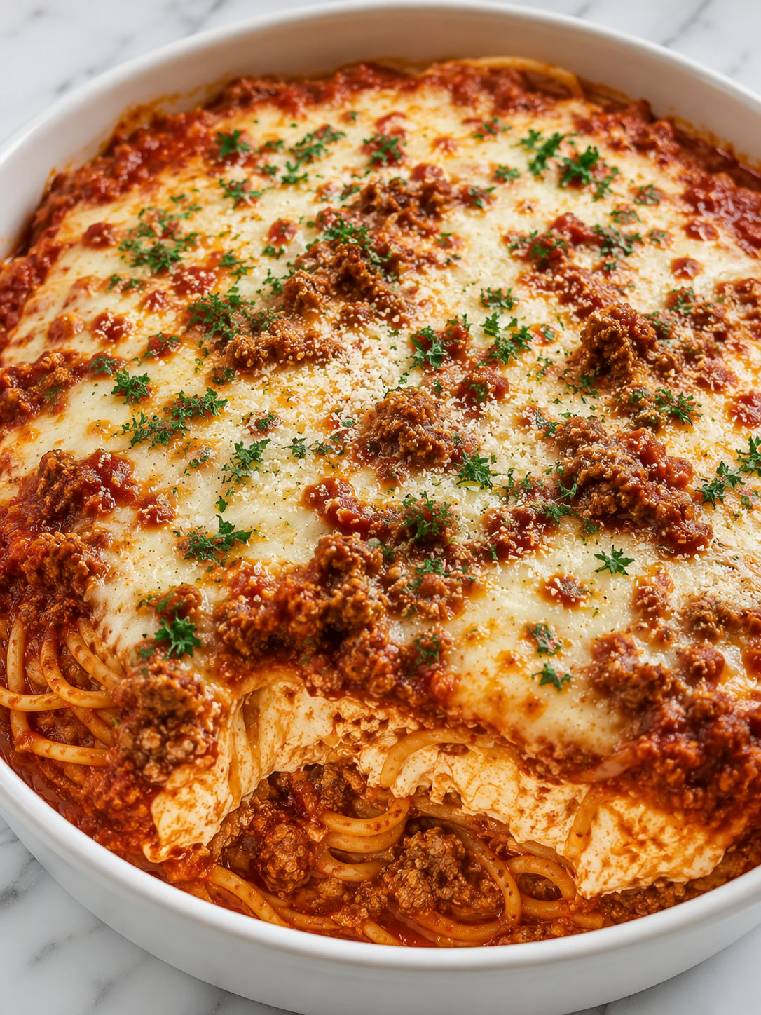 Cream cheese baked spaghetti bowl with melted mozzarella and parsley