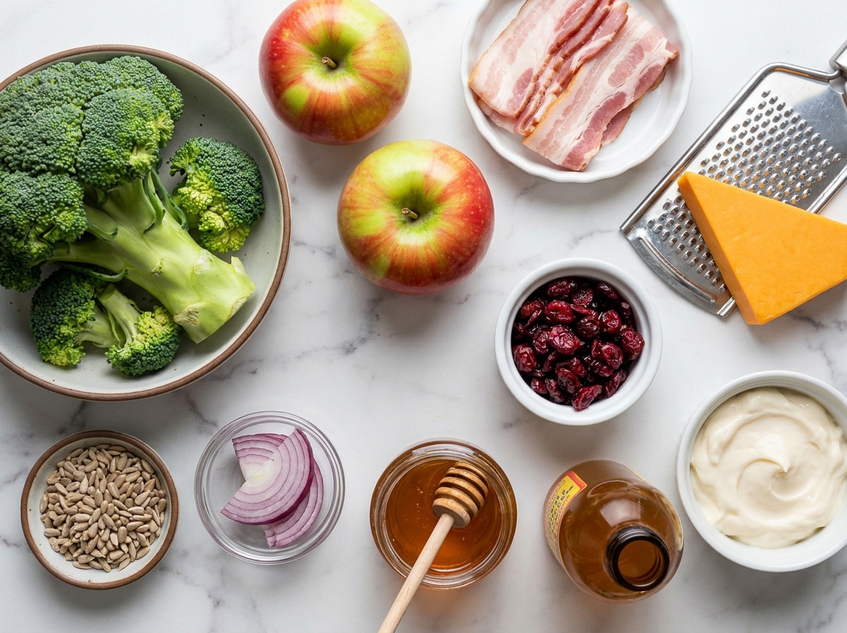 Raw ingredients for Honeycrisp apple broccoli salad with bacon, cheddar, cranberries, and dressing ingredients on marble