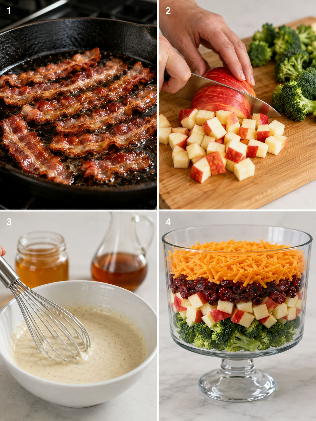 Four steps of making layered Honeycrisp apple broccoli salad from cooking bacon to building layers in a trifle bowl