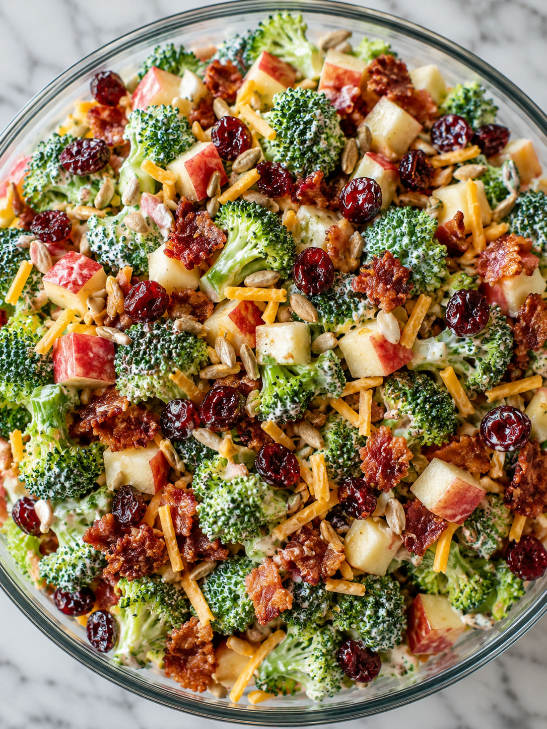 Overhead trifle bowl of layered Honeycrisp apple broccoli salad with bacon, cranberries, and cheddar