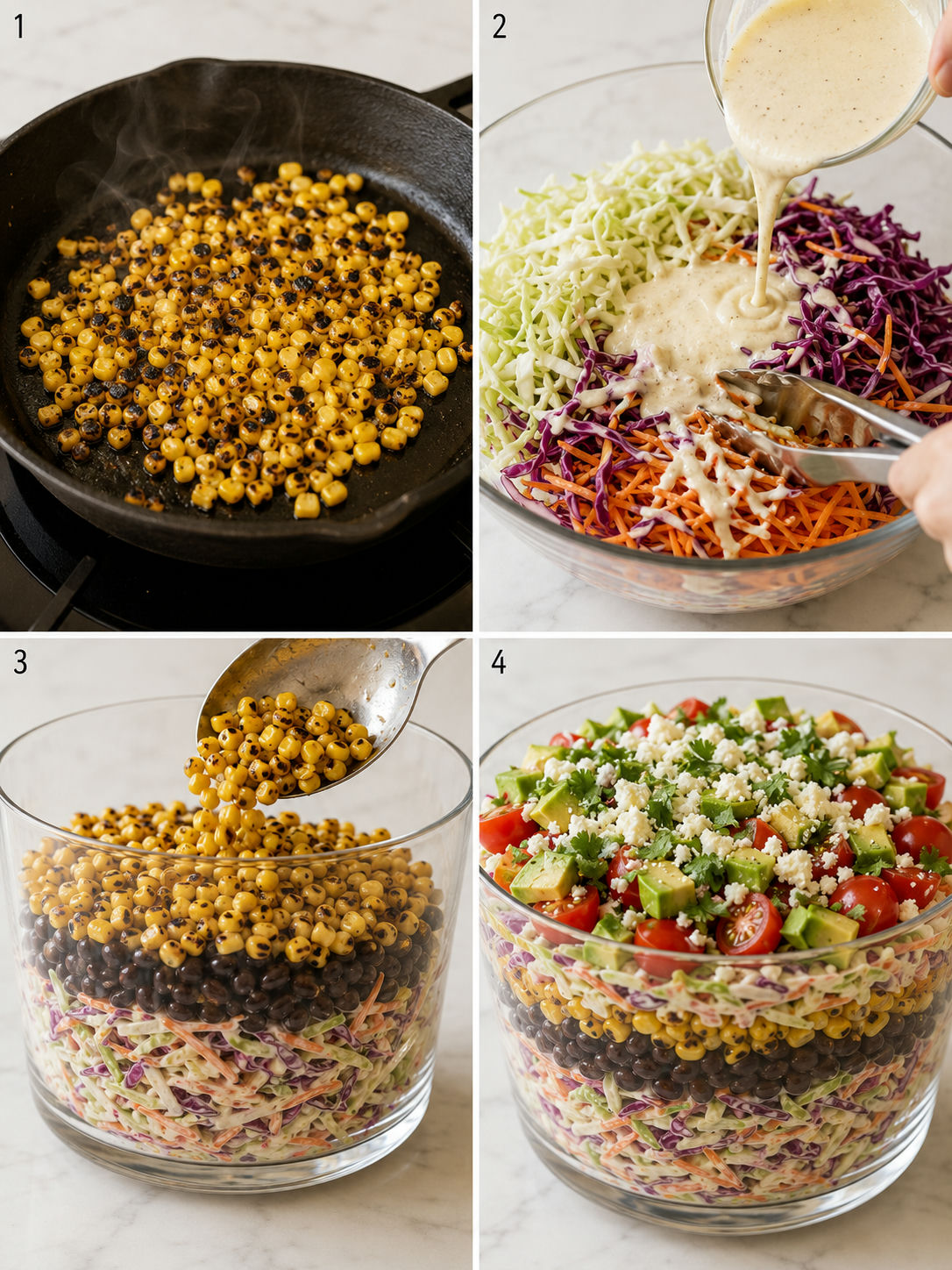 Four-step process of building a layered Mexican coleslaw tomato corn salad