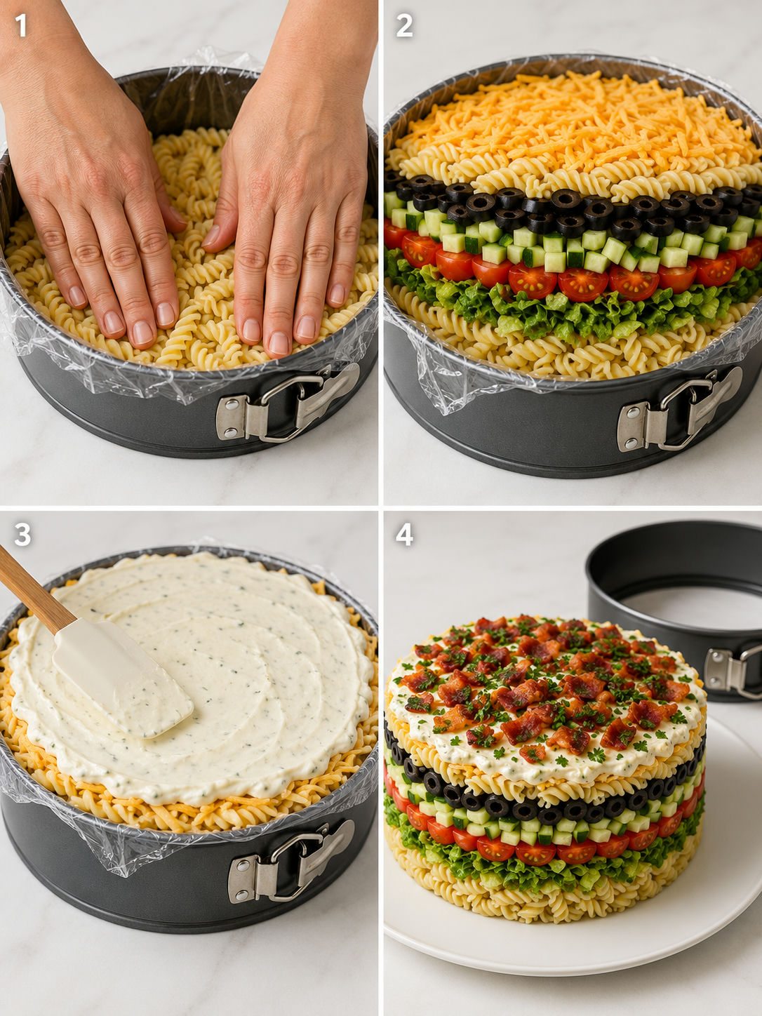 Four-panel step grid showing pressing pasta into pan, layering vegetables, spreading dressing, and unmolding the finished pasta salad stack