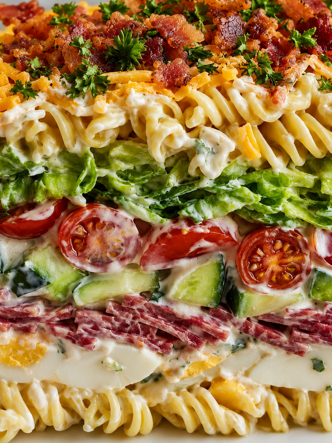 Layered pasta salad stack with rotini, tomatoes, salami, eggs, and creamy dressing showing vivid cross-section layers from a side angle