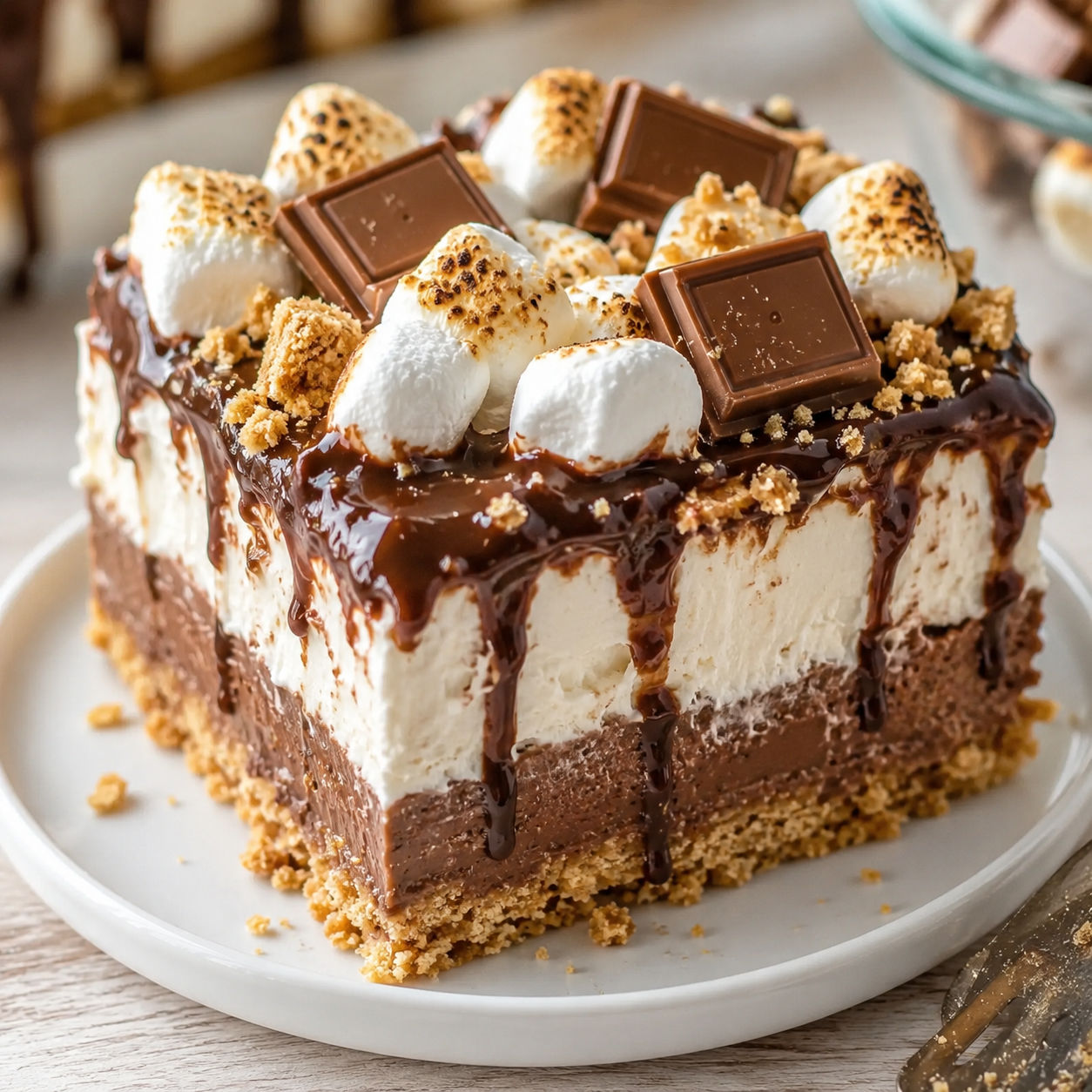 S’mores lasagna slice with graham crust, chocolate, and toasted marshmallows