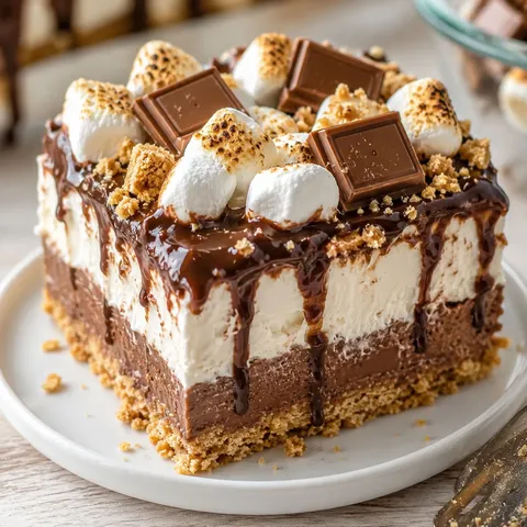 S’mores lasagna slice with graham crust, chocolate, and toasted marshmallows