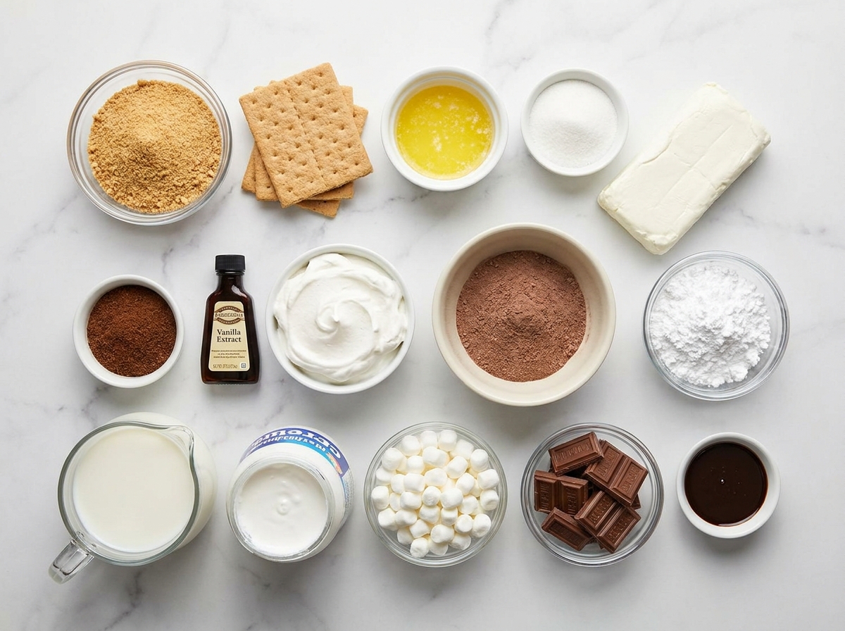 Ingredients for s’mores lasagna with graham crackers, chocolate, and marshmallows