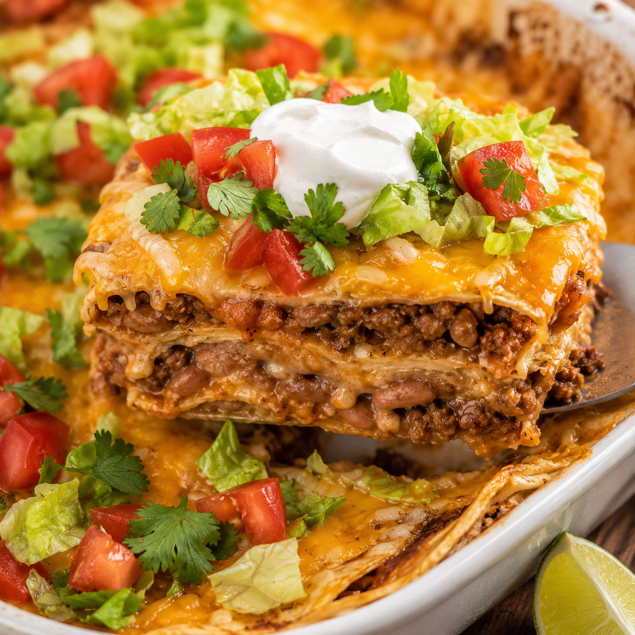 Layered taco bake wedge with beef, beans, cheese, lettuce, tomato, and sour cream