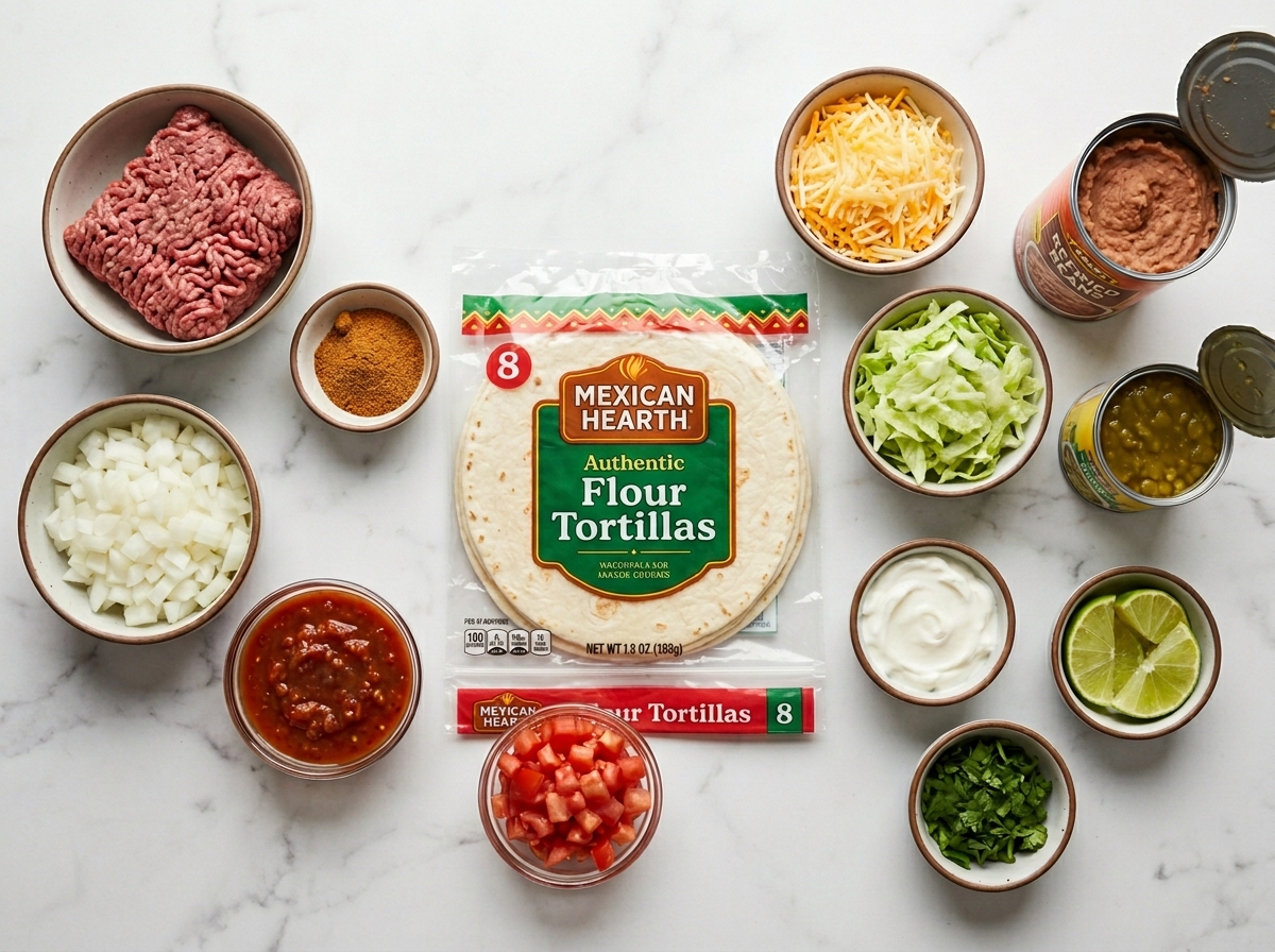 Ingredients for layered taco bake with beef, tortillas, beans, cheese, and toppings
