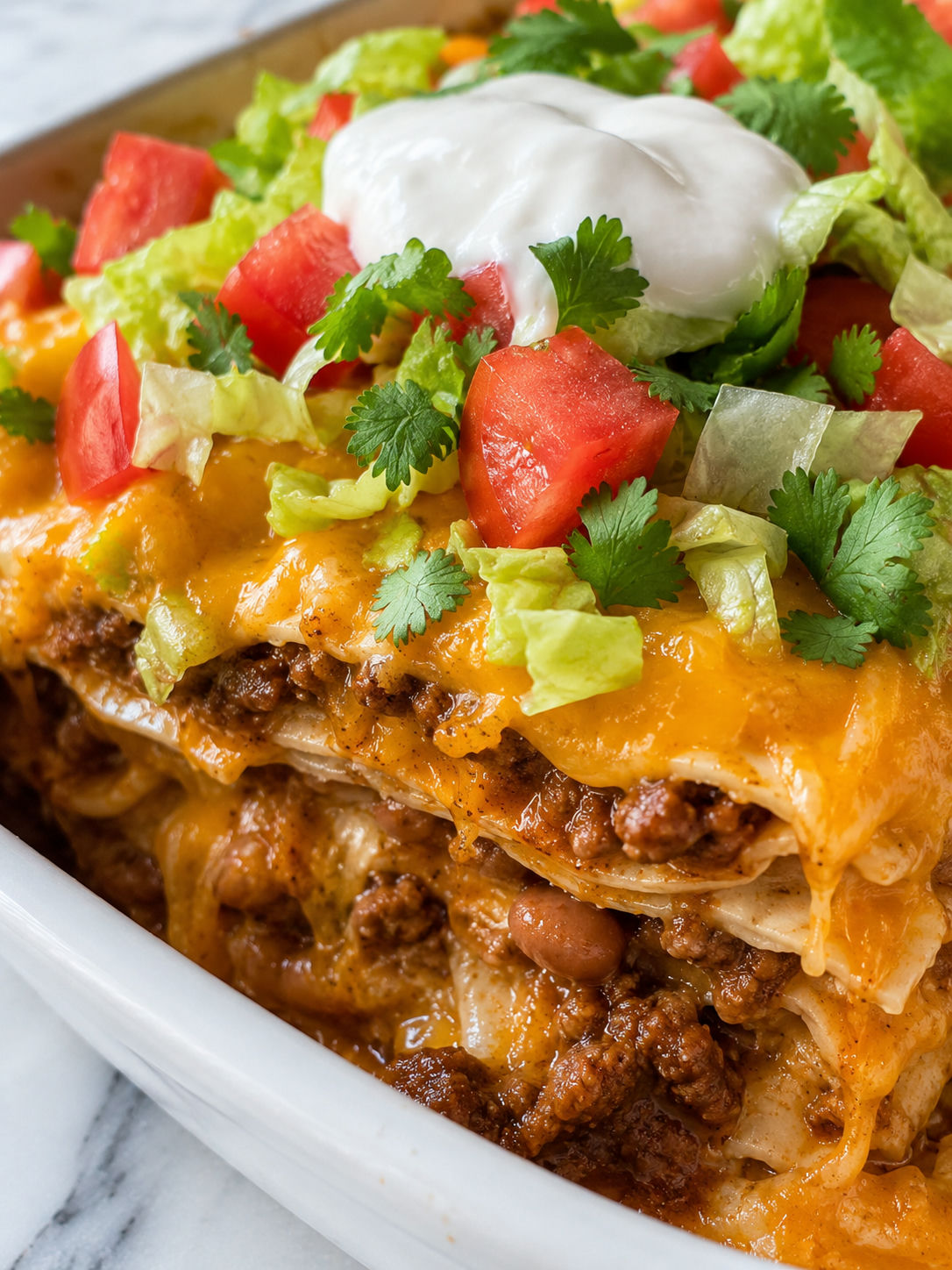 Layered Taco Bake, plated and served