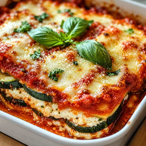 Layered zucchini with ricotta, marinara, mozzarella, and basil