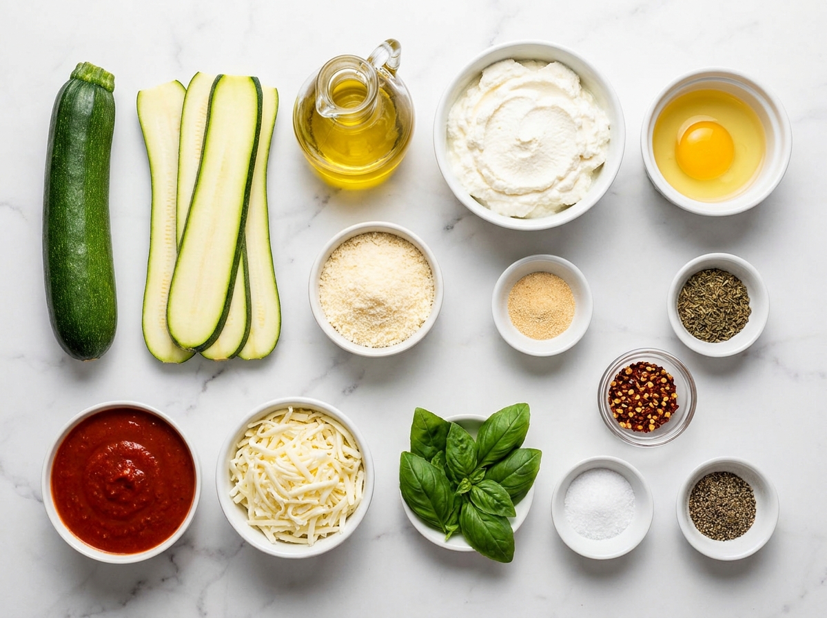 Ingredients for zucchini ricotta marinara mozzarella bake