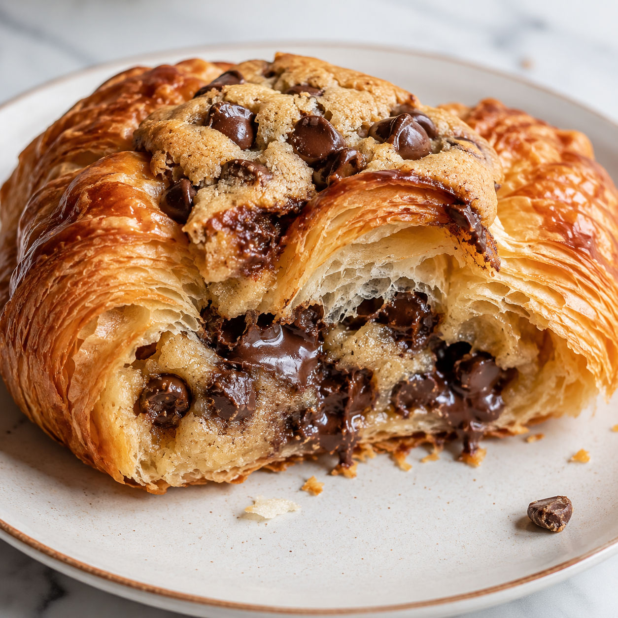 Le Crookie with gooey chocolate chip cookie dough inside a flaky croissant