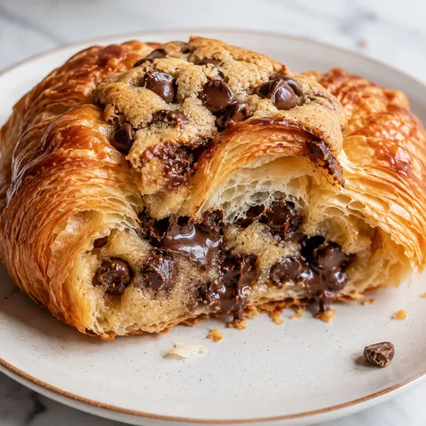 Le Crookie with gooey chocolate chip cookie dough inside a flaky croissant