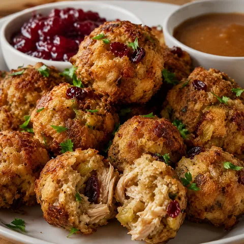 Golden turkey stuffing balls with gravy and cranberry sauce
