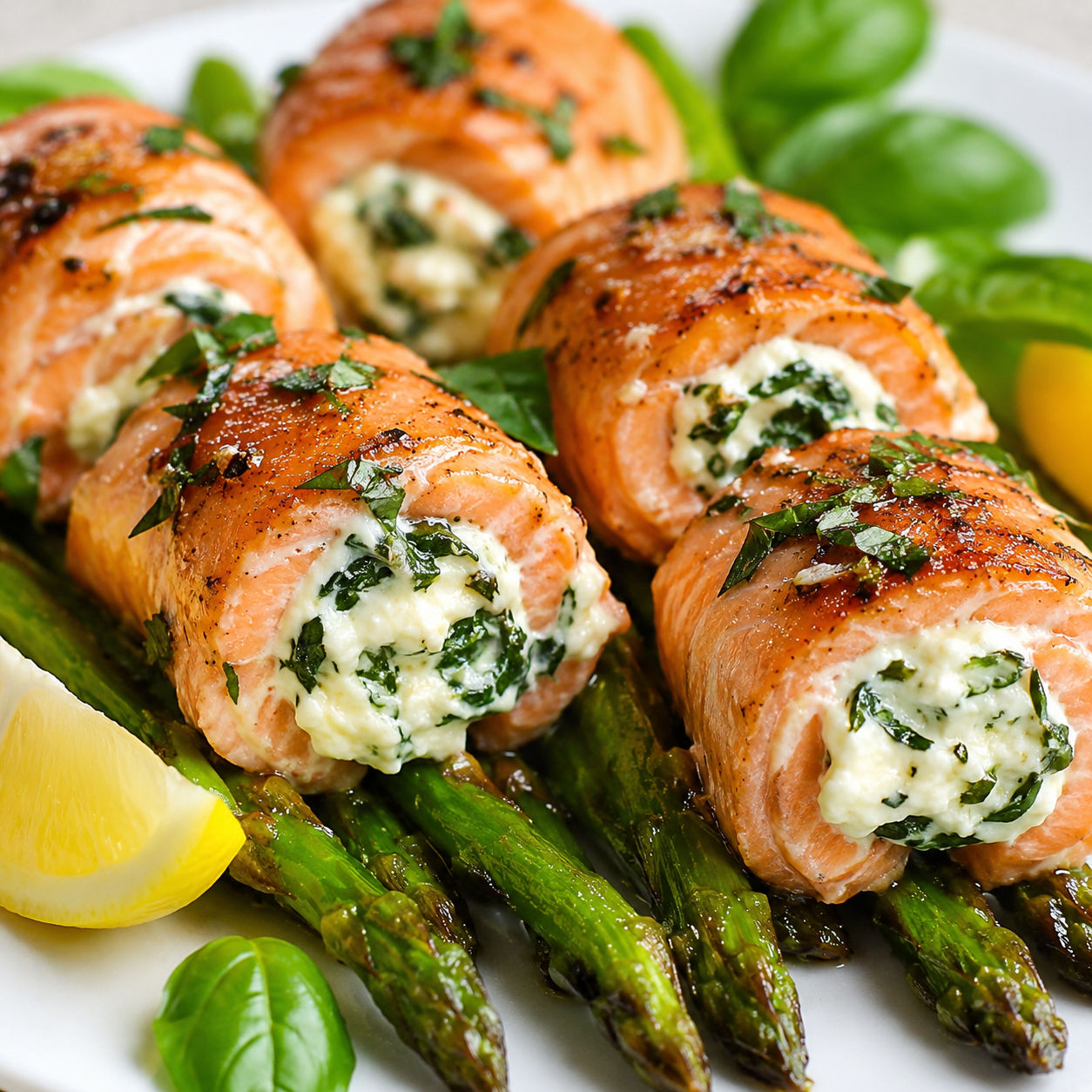 Lemon basil salmon rolls with creamy cheese and asparagus on a white plate