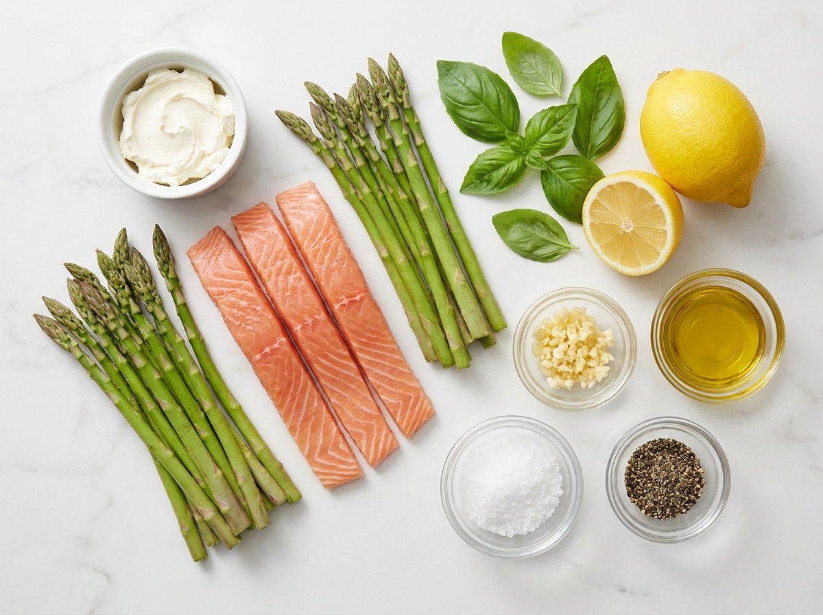 Raw salmon, asparagus, cream cheese, lemon, garlic, and basil for salmon rolls